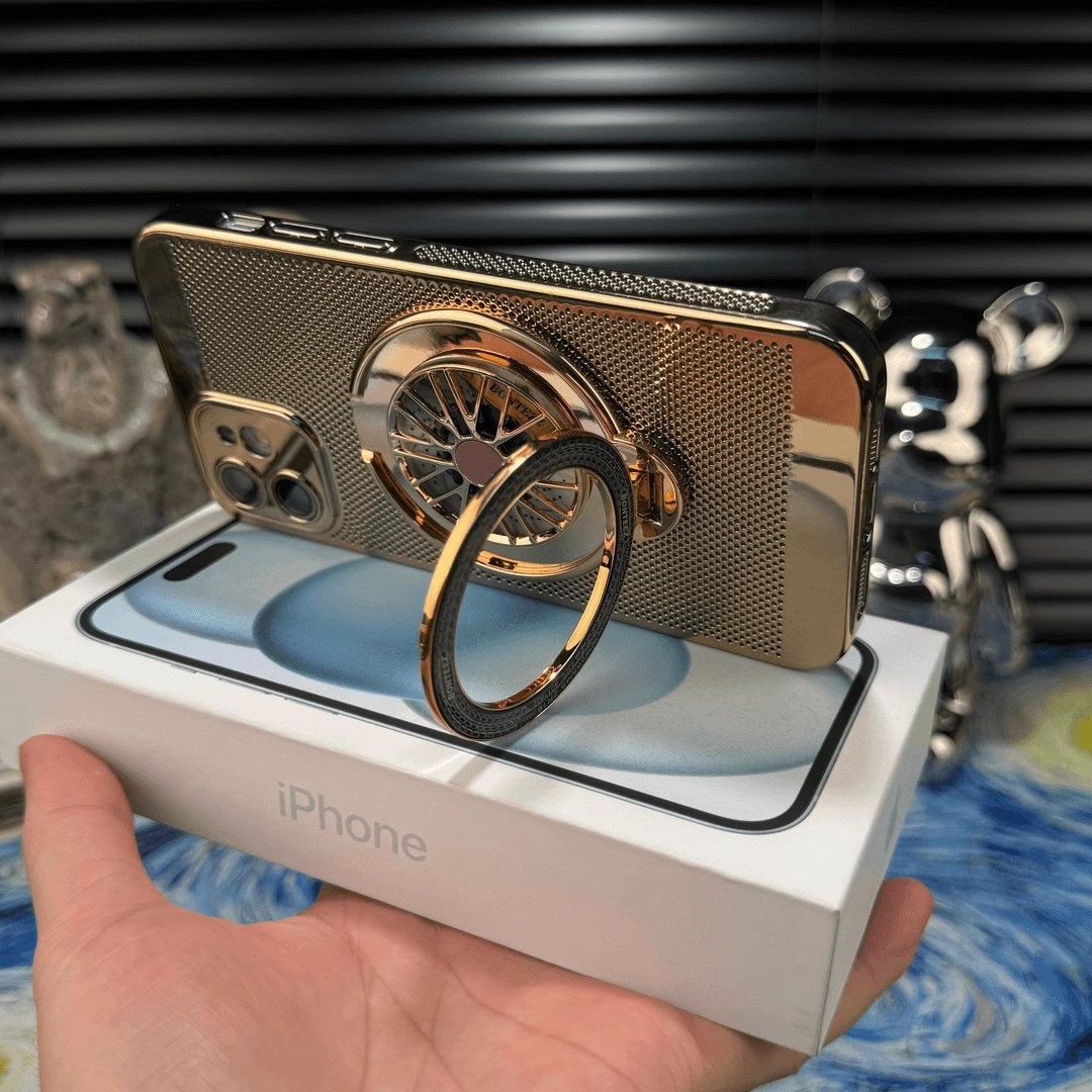 iPhone 16 Phone Case with Rotating Stand and Electroplated Cooling Mesh