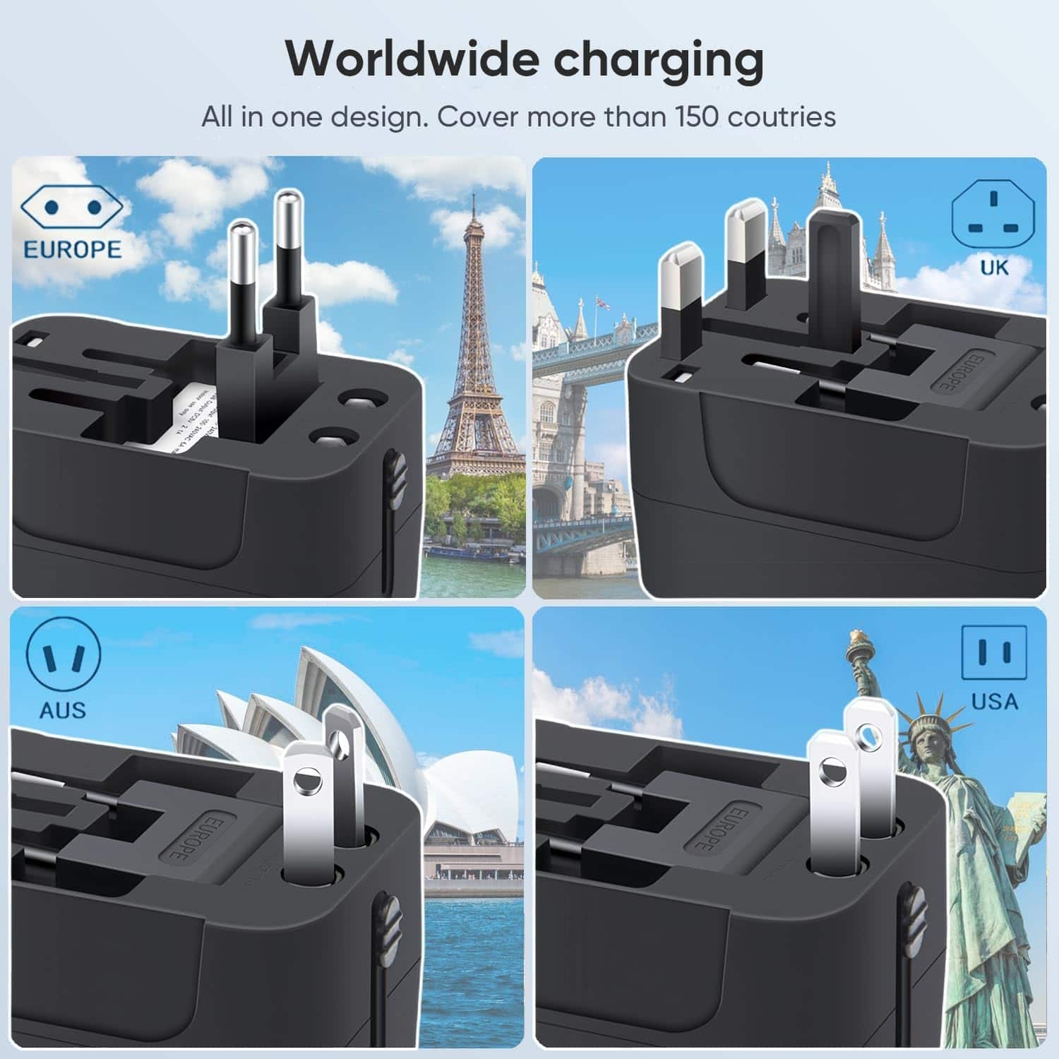 Universal All-in-One Travel Adapter with USB-C and USB-A Charging Ports