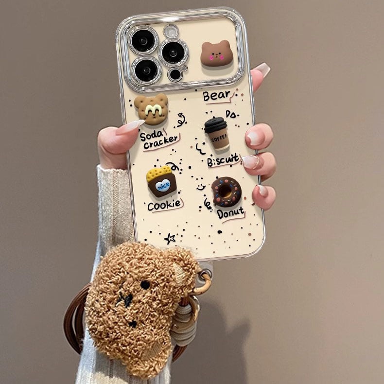 iPhone 16 Pro Cute Bear Cookie Phone Case with Lanyard and Electroplated 6D Window