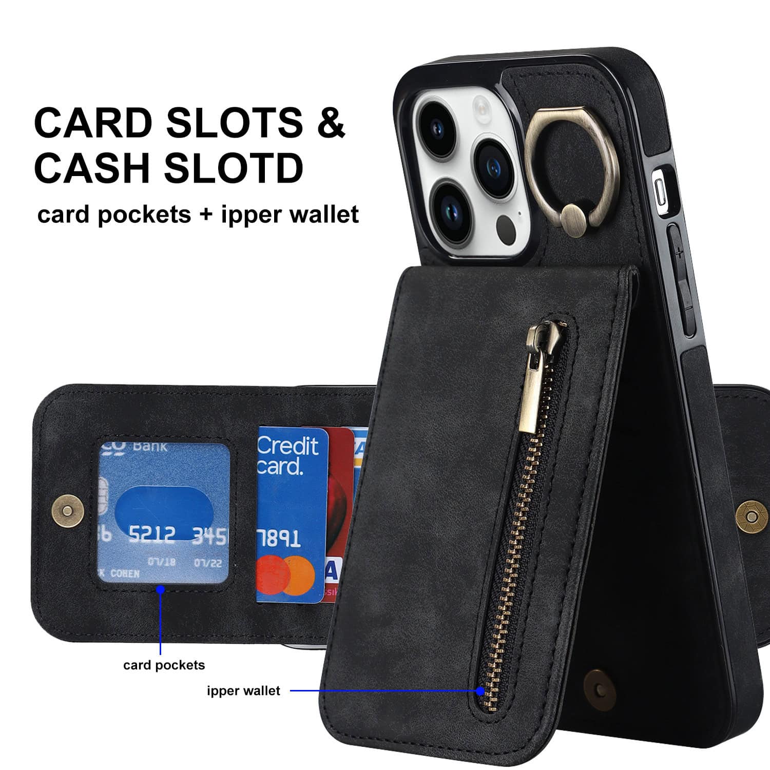 iPhone 16 Pro Zipper Wallet Phone Case with Card Slots