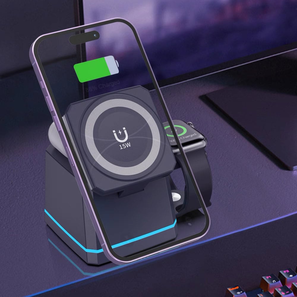 Foldable Magnetic 3-in-1 Wireless Charger with 15W Fast Charging