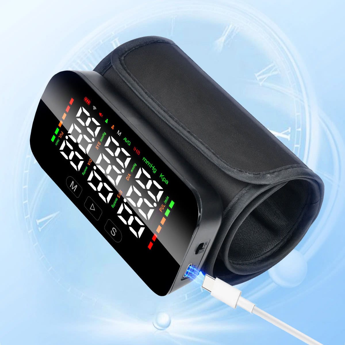 WiFi BT Upper Arm Integrated Blood Pressure Monitor LCD Large Display Screen Voice Broadcast TYPE-C Multi Data