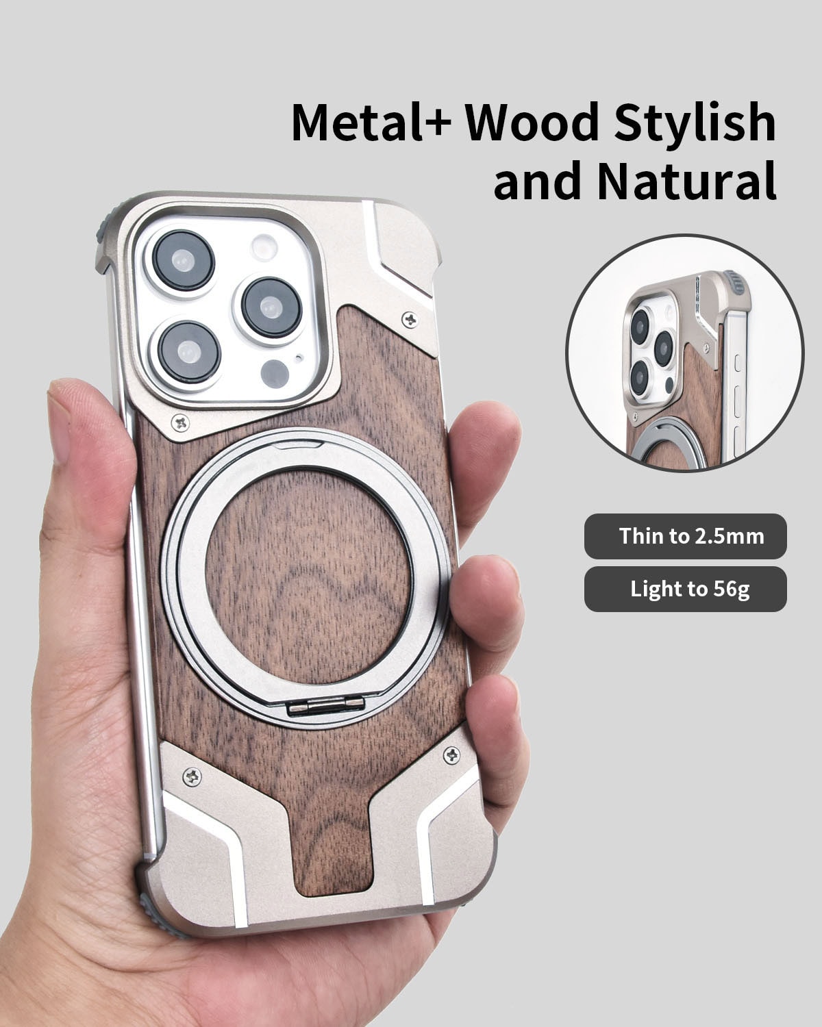 Premium Walnut Wood Magnetic Stand Case for iPhone 16 Pro Max & iPhone 15 Series - Ultra Protective Armor