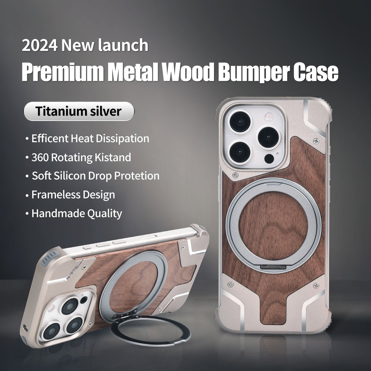 Premium Walnut Wood Magnetic Stand Case for iPhone 16 Pro Max & iPhone 15 Series - Ultra Protective Armor