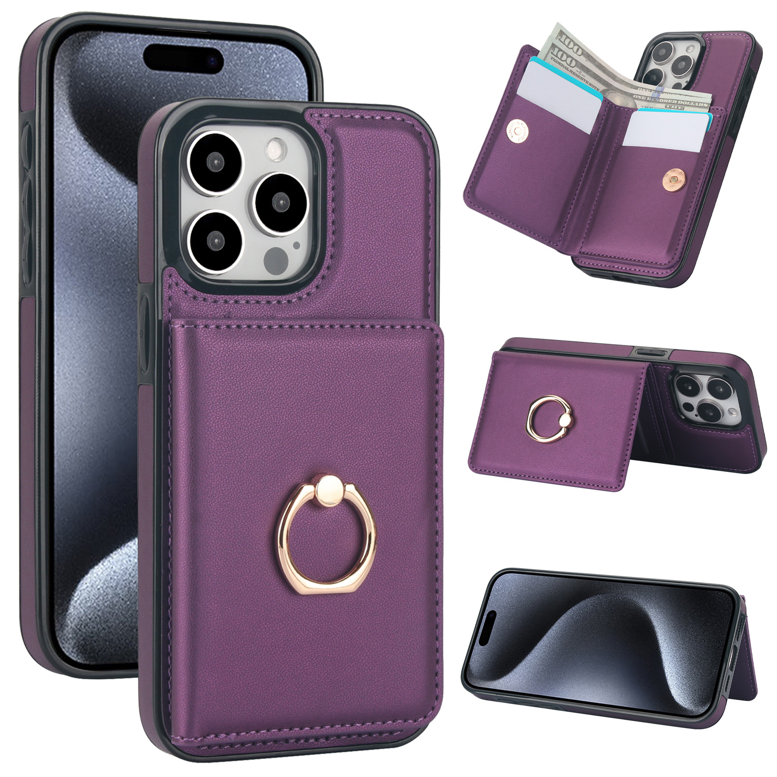 Sleek iPhone 16 Pro Max & Samsung S24 Ultra Wallet Case with Ring Holder & Card Slot