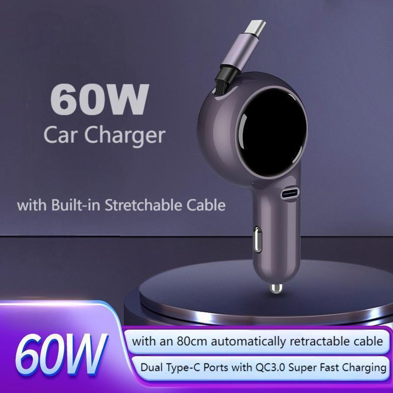 Ultimate 60W Super-Fast Retractable Car Charger – Dual USB Ports for Unmatched Convenience